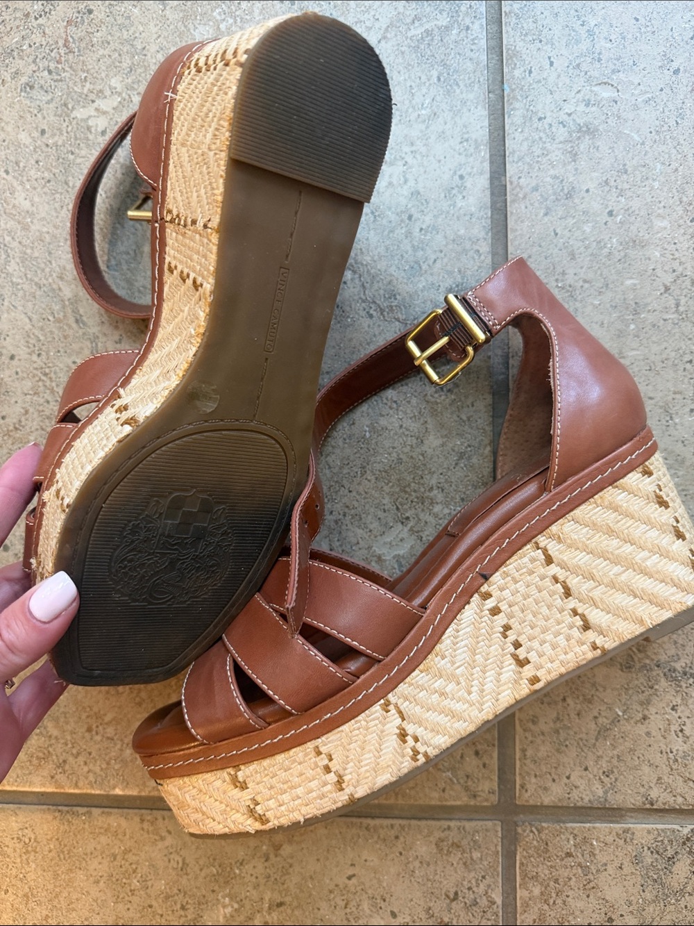 Vince Camuto Cognac Leather Wedge Sandals with Ankle Strap - Picture 4 of 5